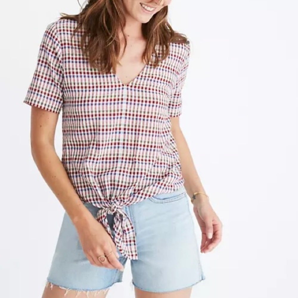 Madewell Novel Tie-Front Top in Rainbow Gingham Check
